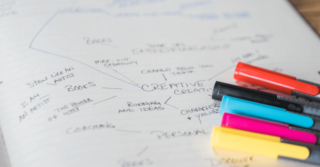 A notebook with notes and highlighters